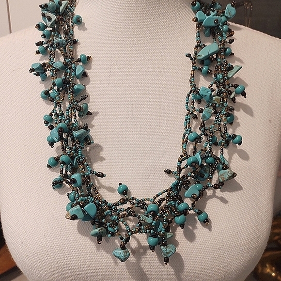 Multi Strand Handmade Turquoise and Bronze Beaded Necklace - Picture 11 of 12